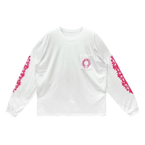 Chrome Hearts Pink Horseshoe Weißes Langarm-T-Shirt